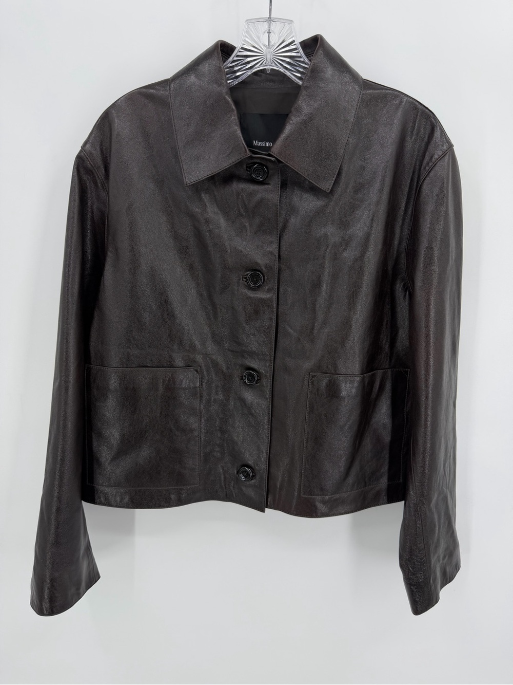 Massimo Dutti Cropped Nappa Sheep Leather Jacket Dark Brown Size L - Picture 5 of 12